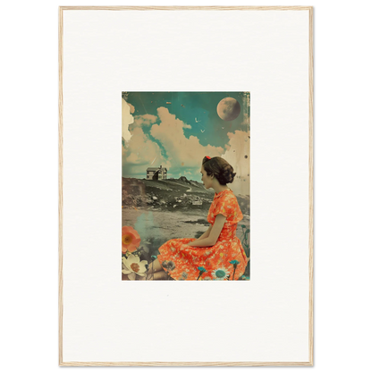 Vintage collage canvas print of a woman in an orange dress for colorful room decoration