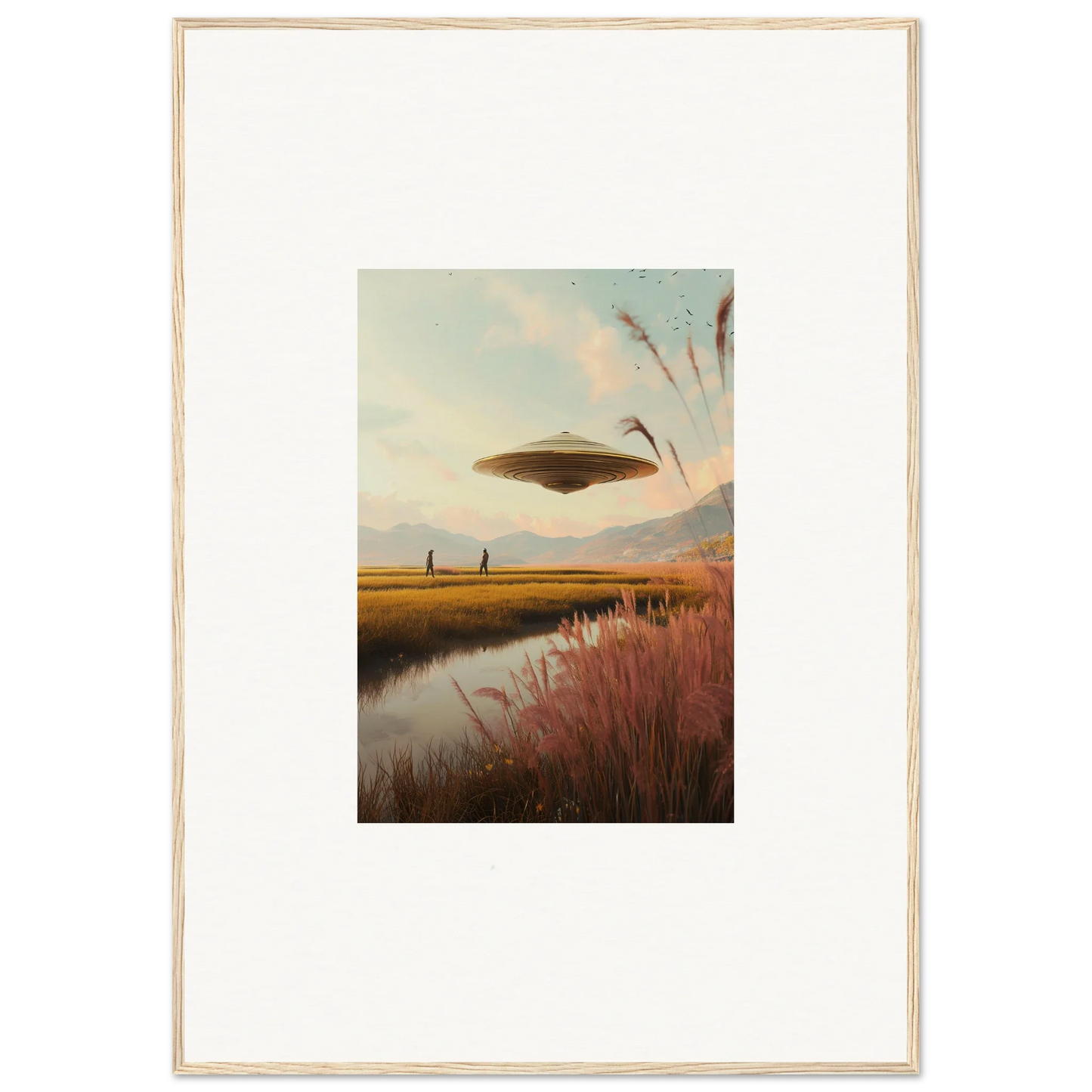 UFO over a rural landscape with river and fields in Floating Meadow Raindancers art