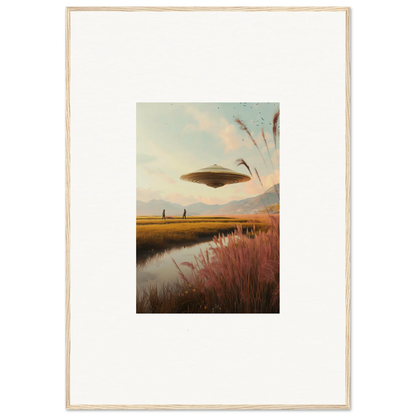 UFO over a rural landscape with river and fields in Floating Meadow Raindancers art