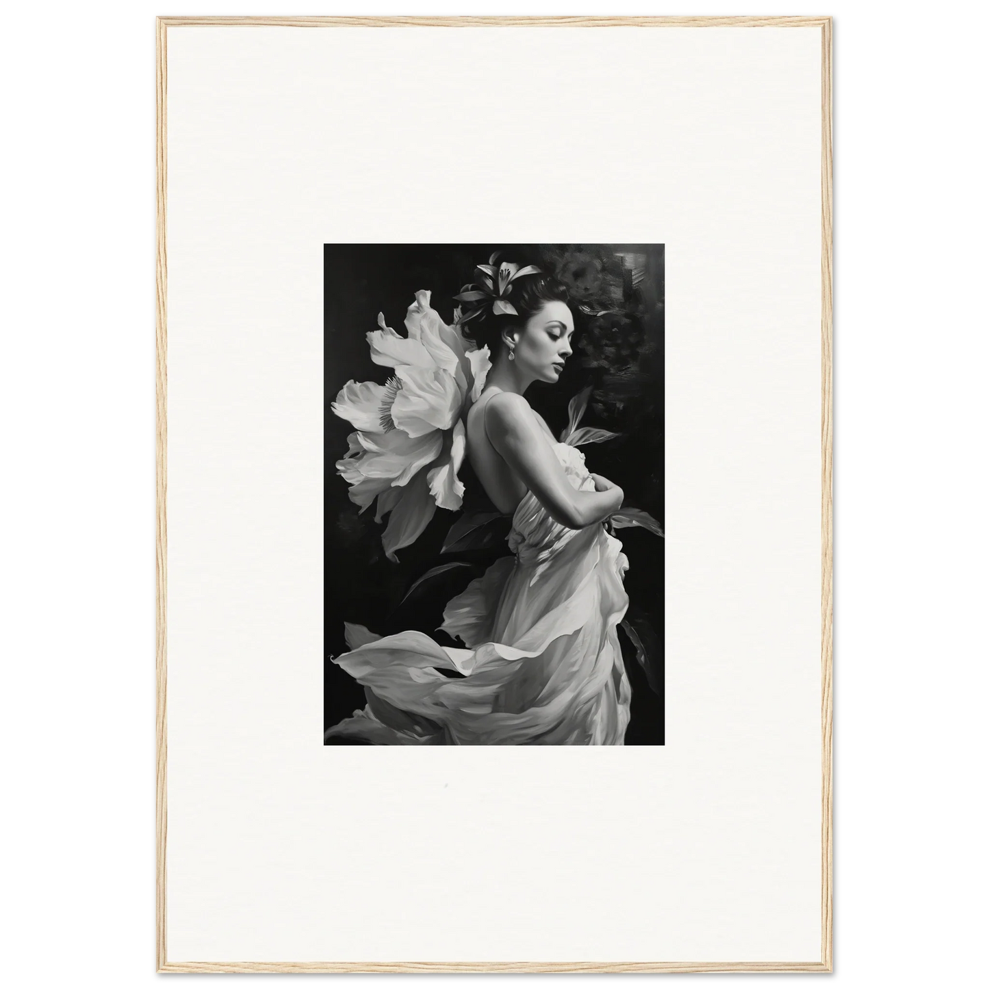 Black and white canvas print of a woman in flowing fabric with a large flower, duet chrysalis