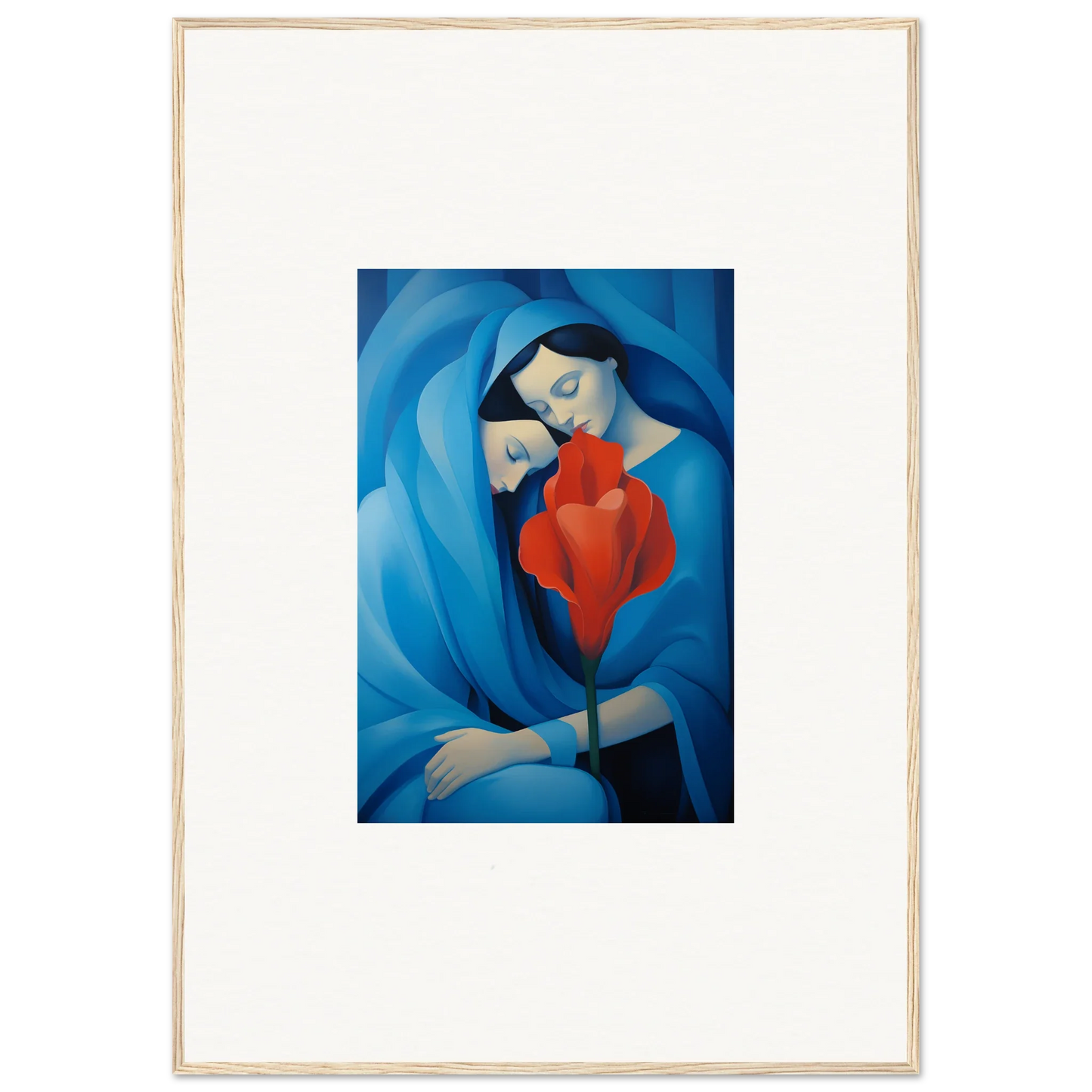 Stylized canvas print of embracing figures in blue and red, perfect for room decoration