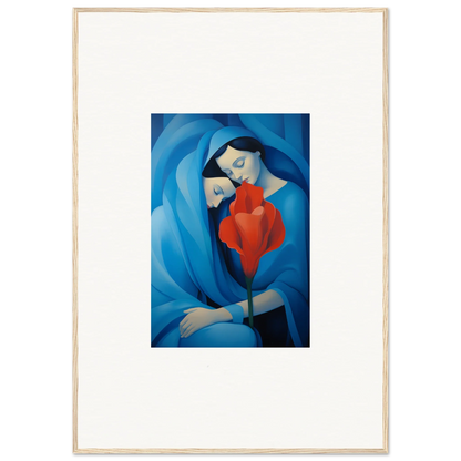 Stylized canvas print of embracing figures in blue and red, perfect for room decoration