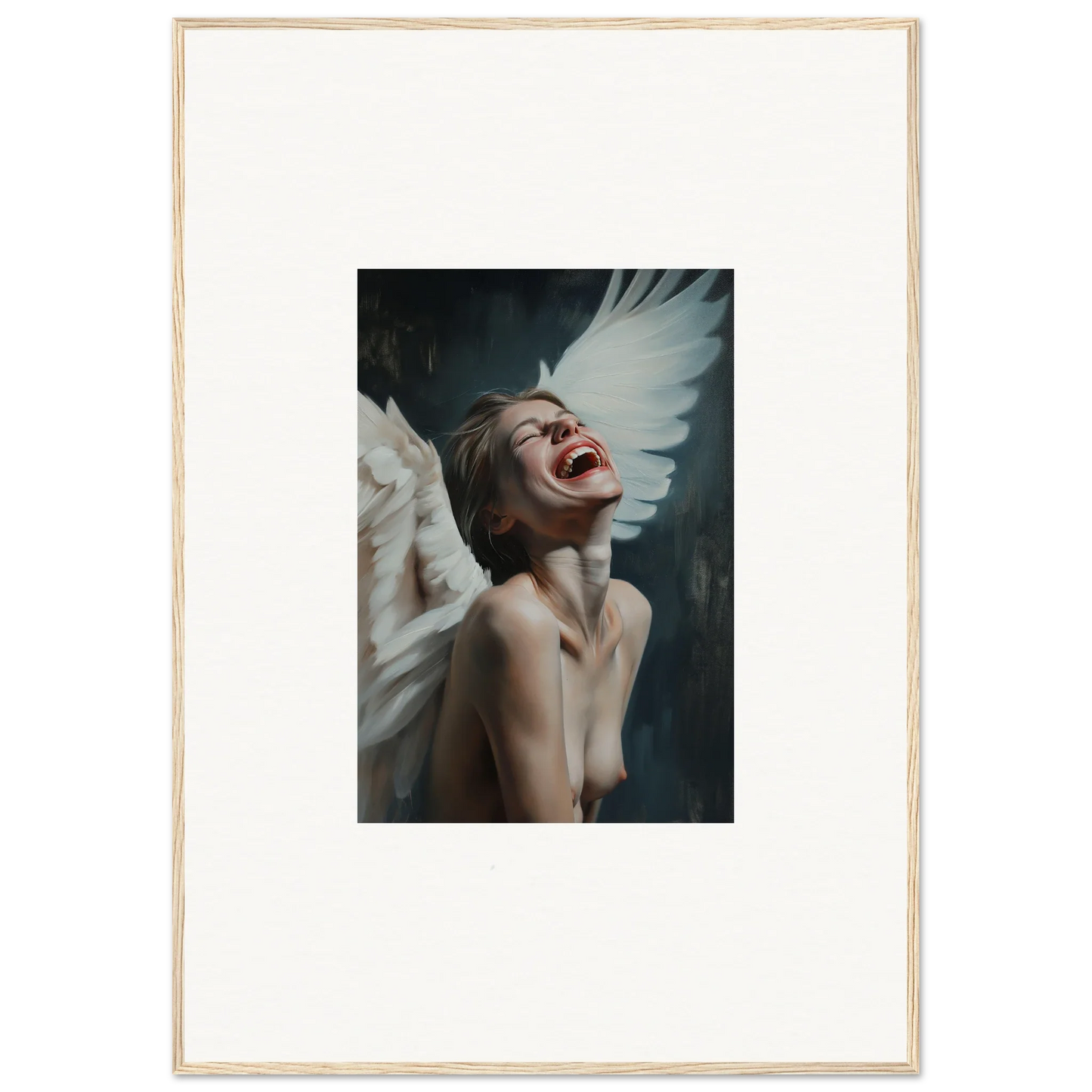 Framed canvas print of a person with white wings laughing, perfect wall art for room decoration