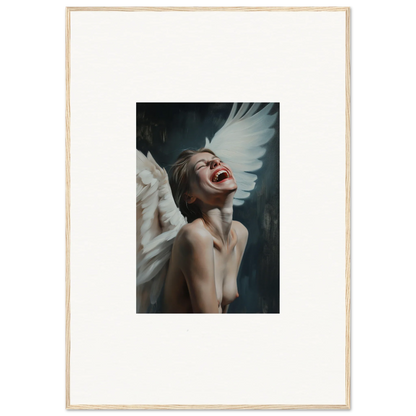 Framed canvas print of a person with white wings laughing, perfect wall art for room decoration