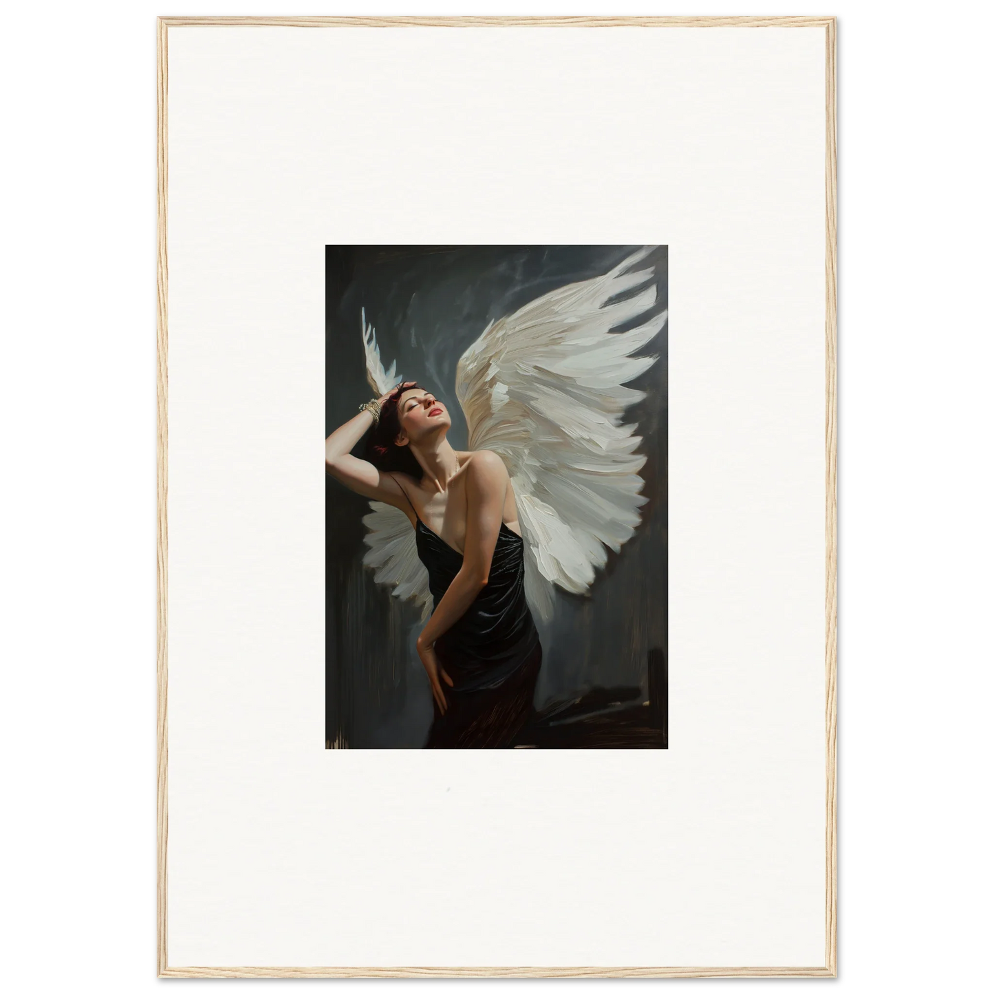 Angelic figure with one wing in a dramatic pose for a stunning femme ascent canvas print