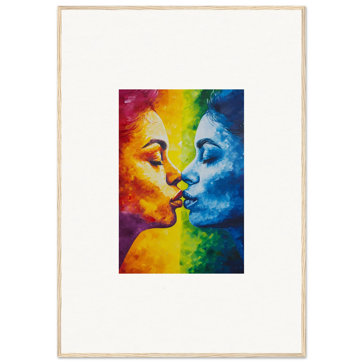 Colorful canvas print of two faces kissing, perfect for a serene room decoration