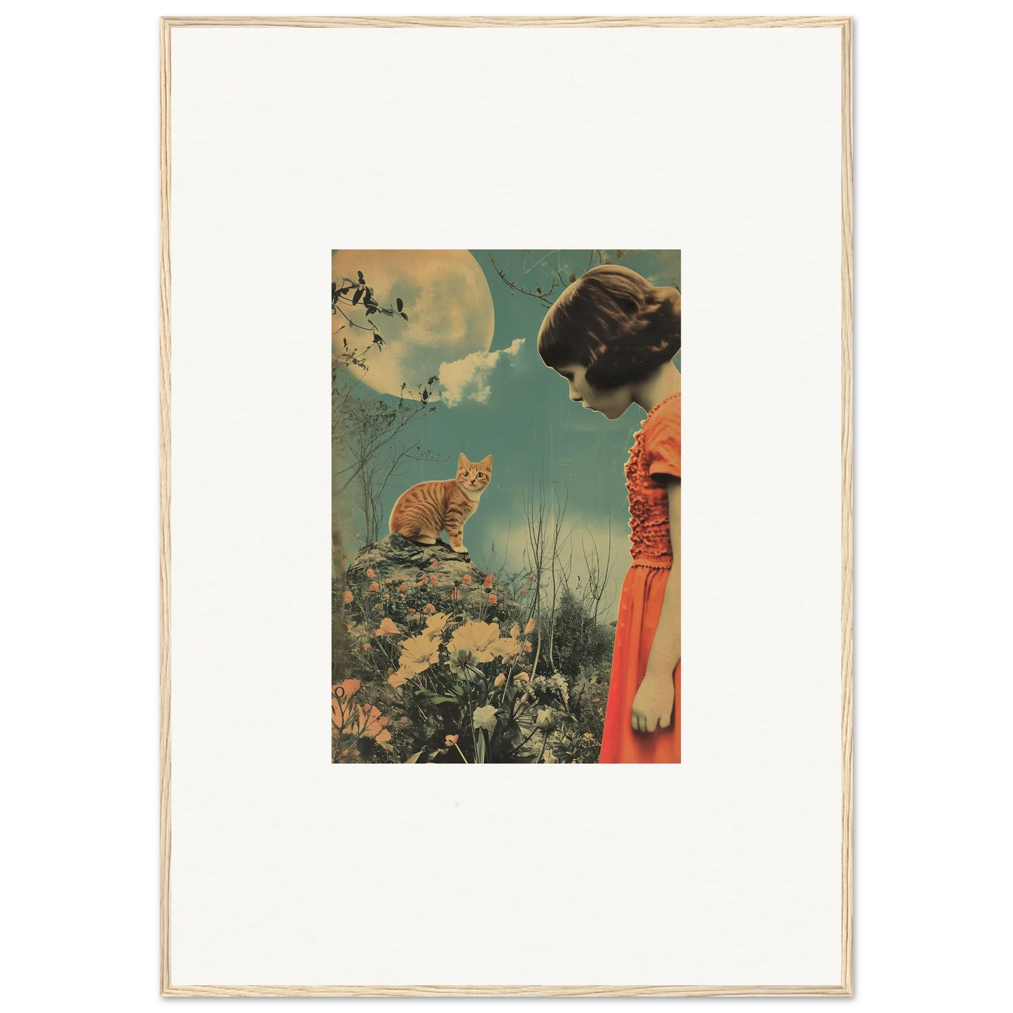 Vintage-style canvas print of a woman in a red dress in a whimsy reverie scene