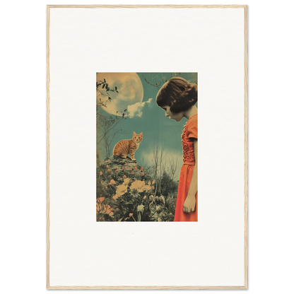 Vintage-style canvas print of a woman in a red dress in a whimsy reverie scene