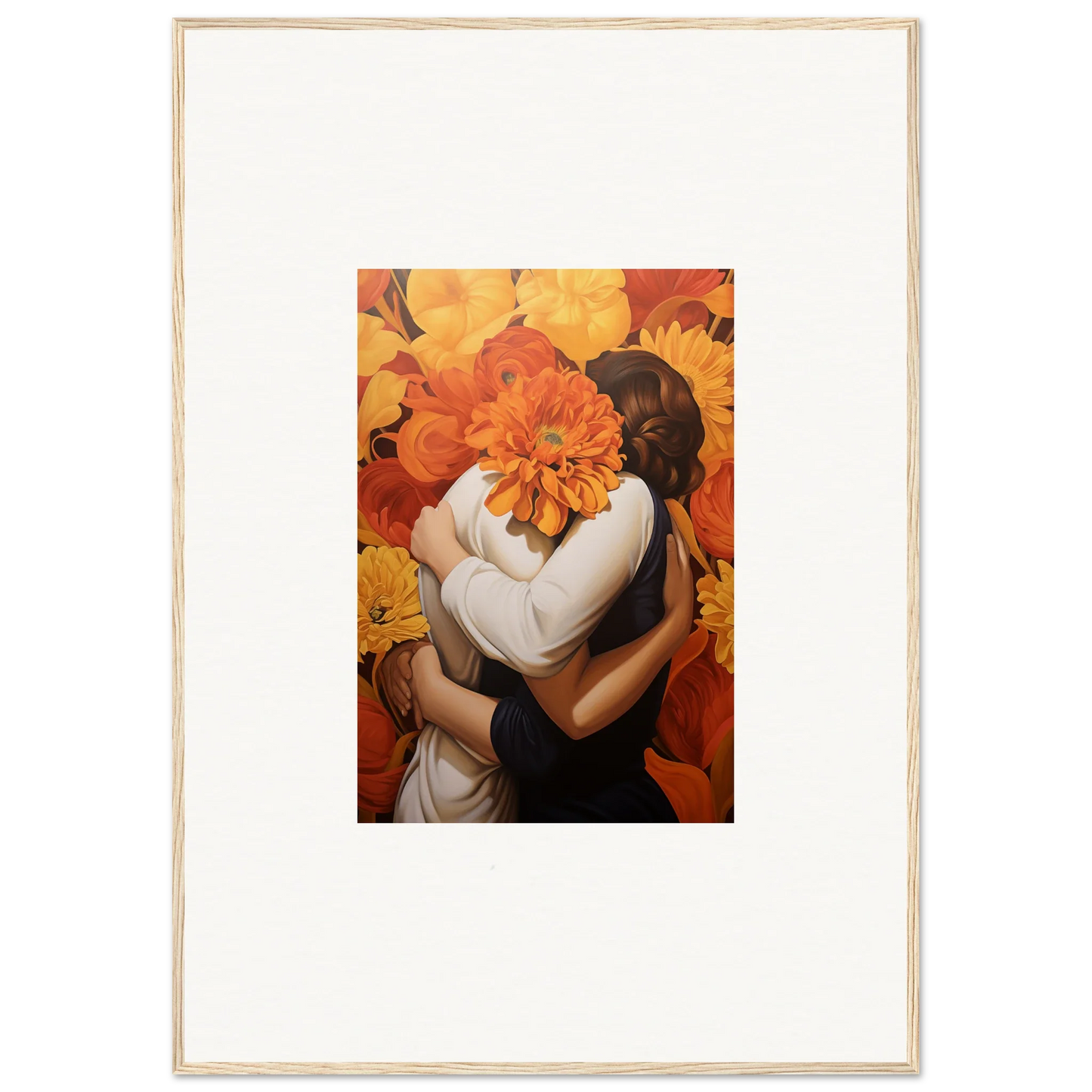 Framed canvas print of Floral Euphoria Embrace with vibrant orange flower and figures