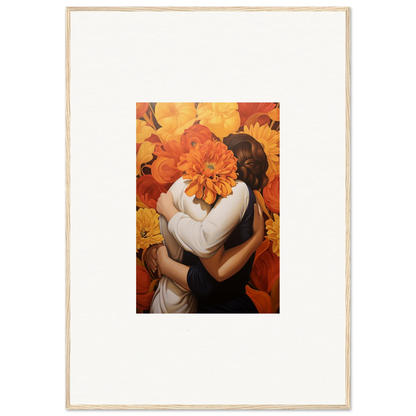 Framed canvas print of Floral Euphoria Embrace with vibrant orange flower and figures