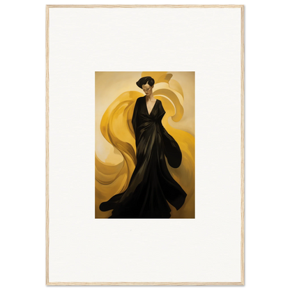 Elegant figure in black gown with golden sun waves, perfect for room decoration canvas print