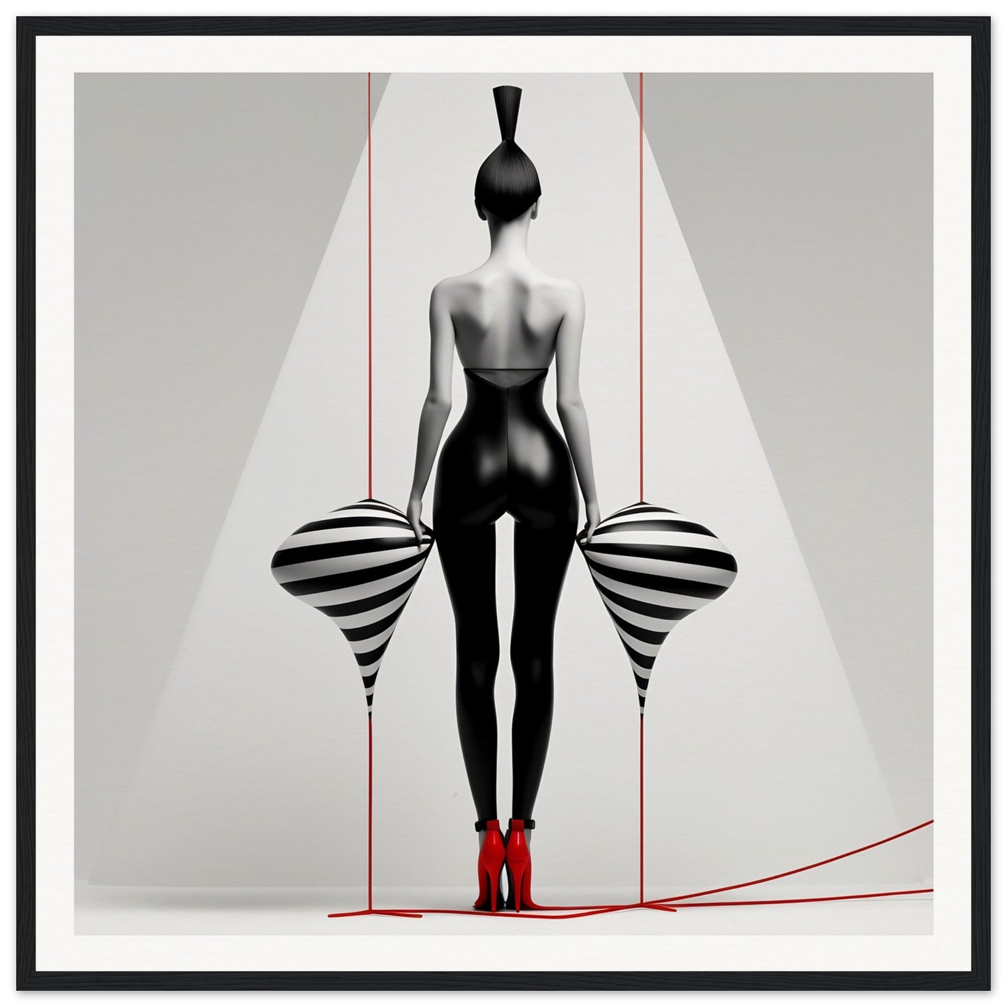 Stylized silhouette of a woman with a vase-like head holding striped objects, wearing red high heels.