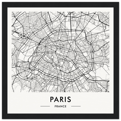 Map of Paris, France, showing the city’s street layout in black and white.