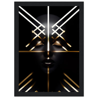 Abstract geometric face composed of glowing white and gold lines on a black background.