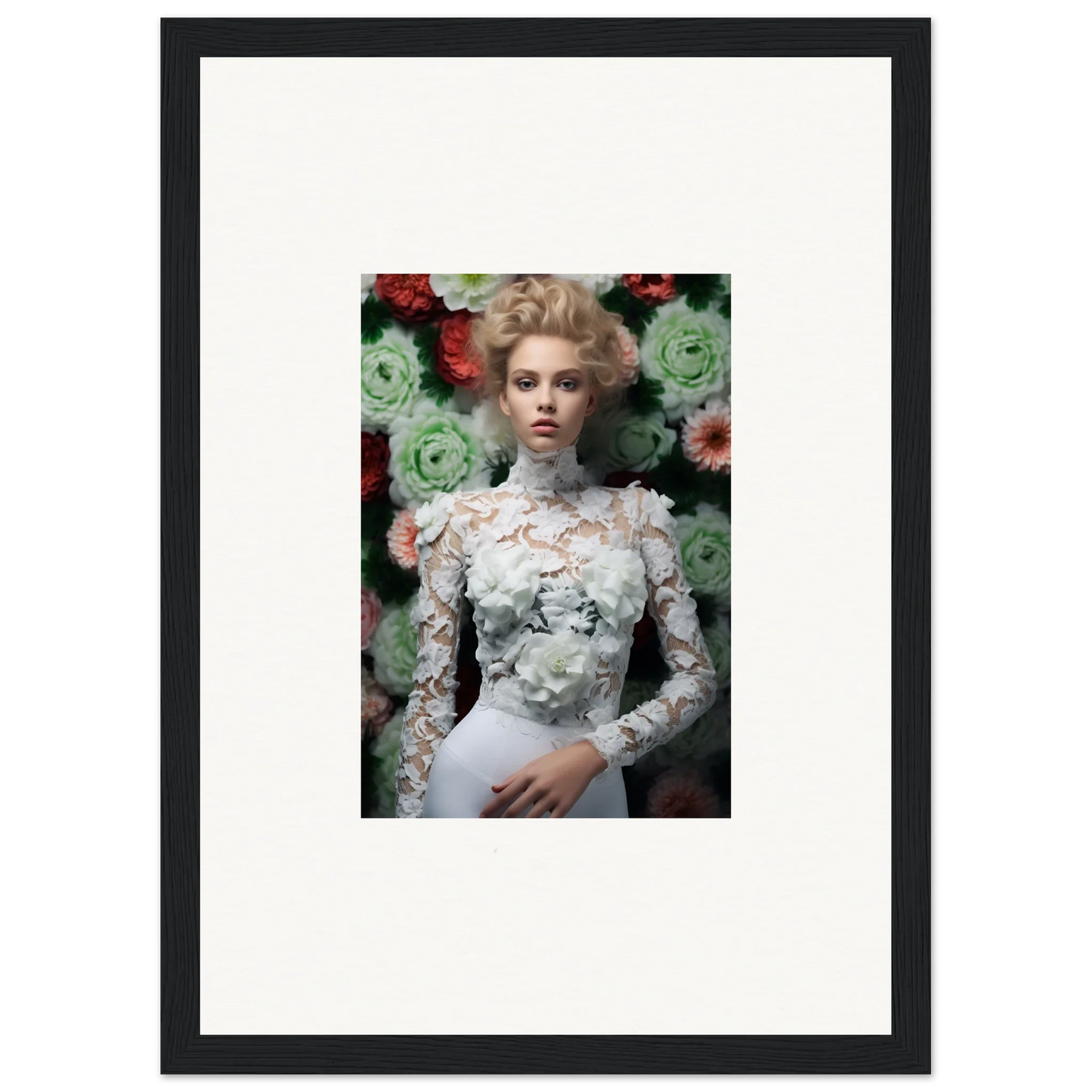 Framed portrait of a woman in an ornate white lace dress against a floral backdrop.