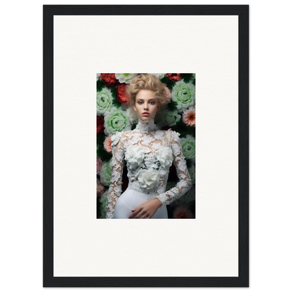 Framed portrait of a woman in an ornate white lace dress against a floral backdrop.