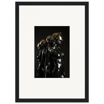 Framed black-and-white photograph of a shiny metallic sculpture or figure.