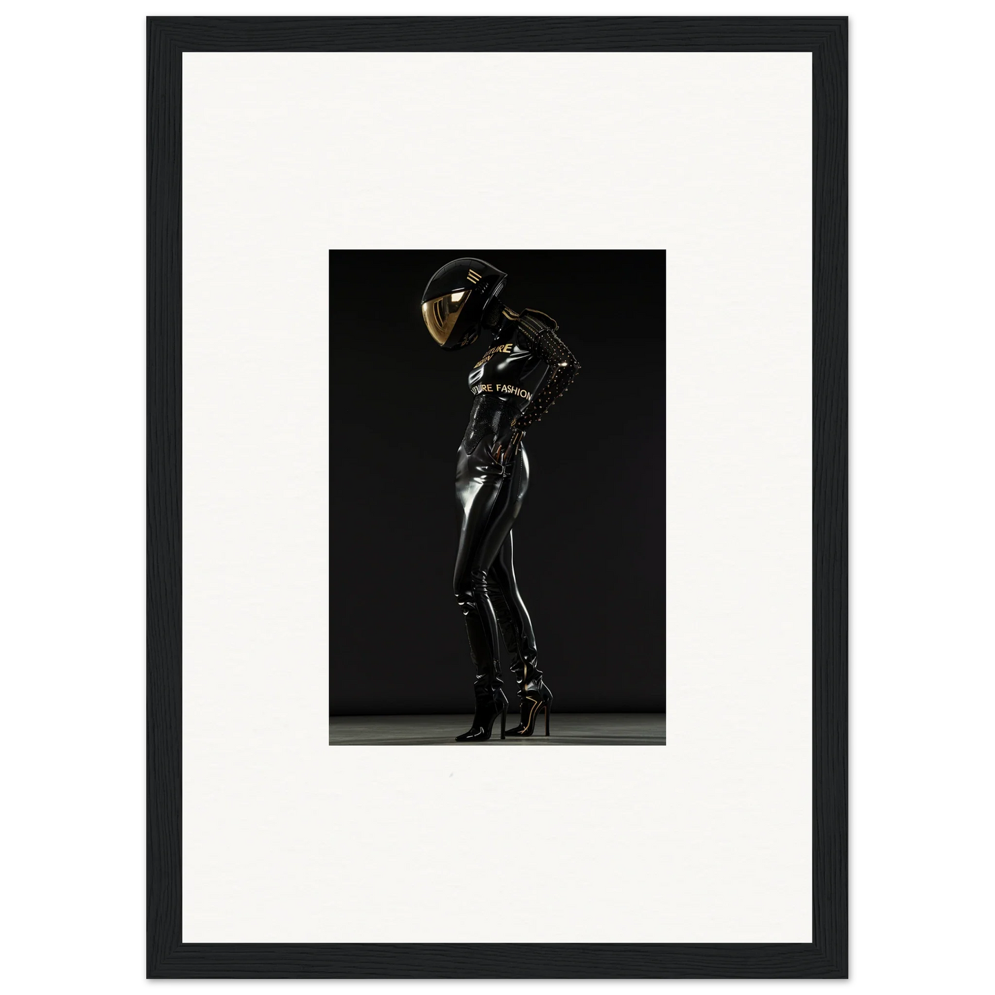 Shiny black latex-clad figure posing dramatically.