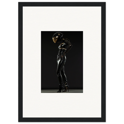 Shiny black latex-clad figure posing dramatically.