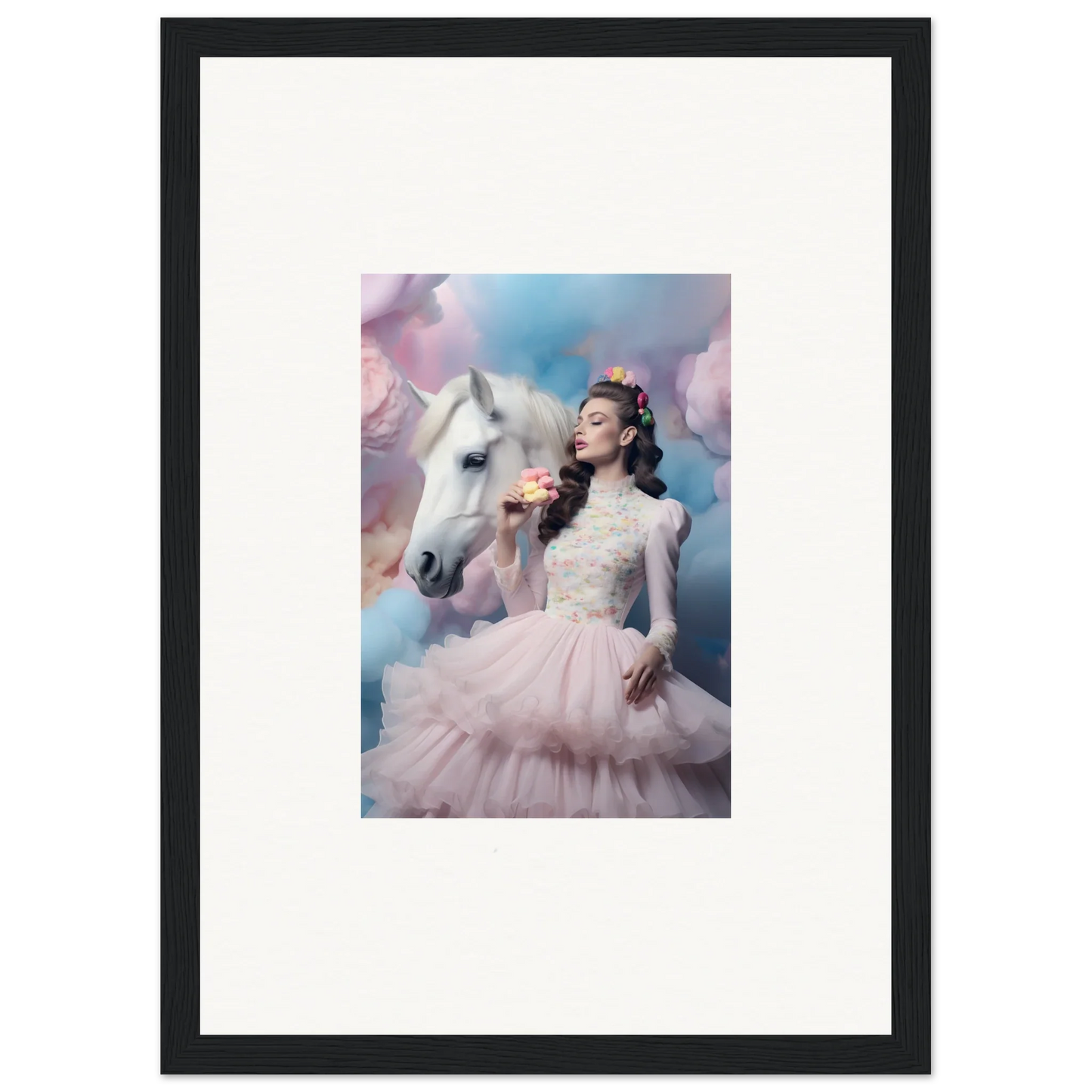 Framed photograph of a woman in a pink tulle dress posing with a white horse against a dreamy sky backdrop.