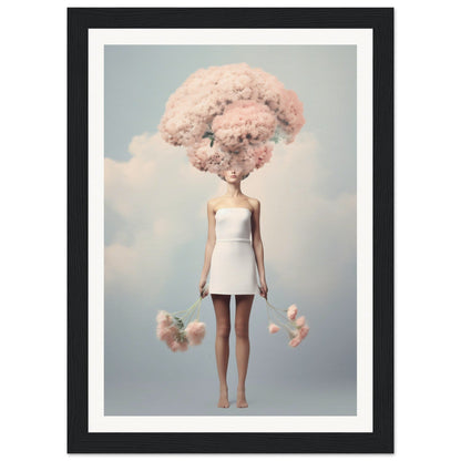 Surreal figure with a pink cotton candy-like cloud for a head, wearing a white mini dress.