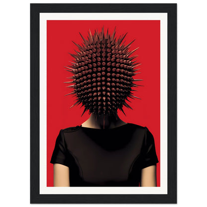 Spiky, spherical headpiece resembling a sea urchin worn by a person in a black shirt against a red background.