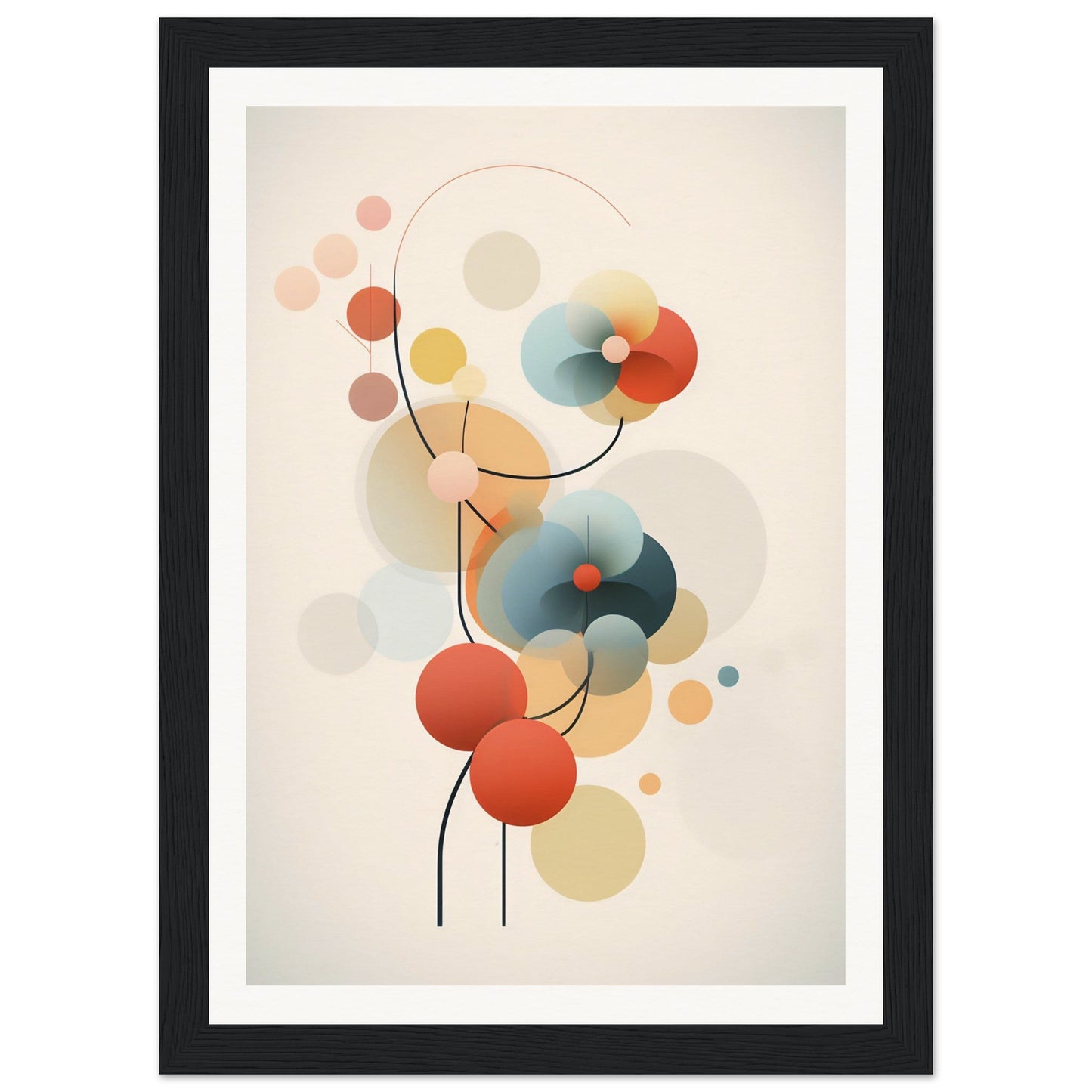 Abstract artwork featuring colorful circular shapes and curved lines in a minimalist style.