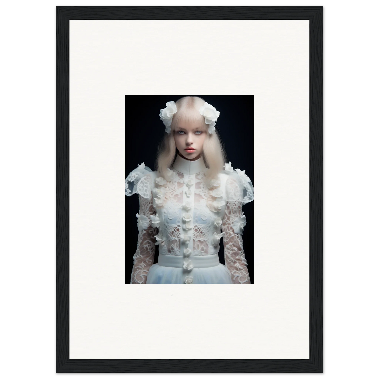 Framed portrait of a young person wearing an ornate white lace dress and headpiece.