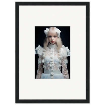 Framed portrait of a young person wearing an ornate white lace dress and headpiece.