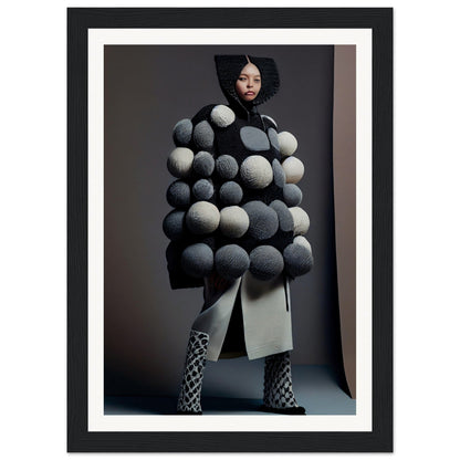 Avant-garde coat adorned with oversized black and white spheres.