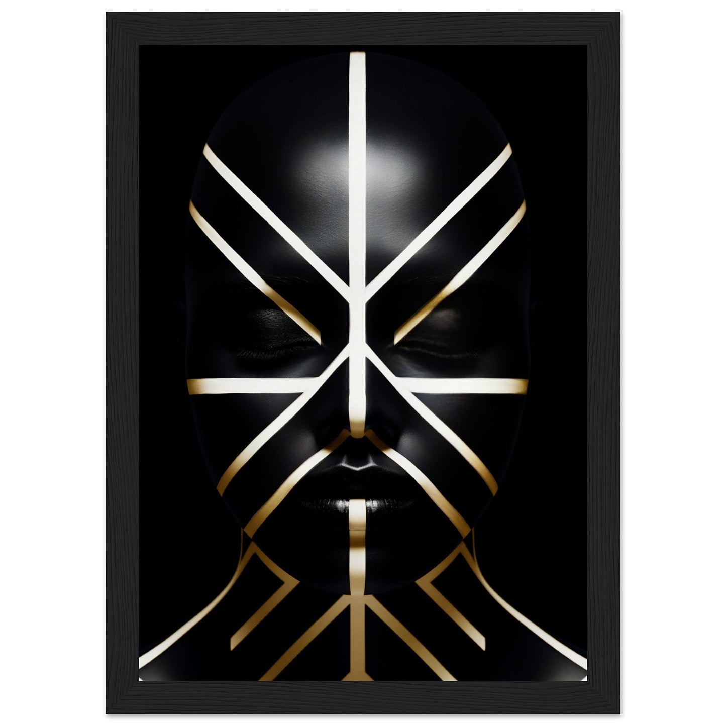 Abstract geometric design resembling a stylized face or mask created with glowing white and gold lines on a black background.