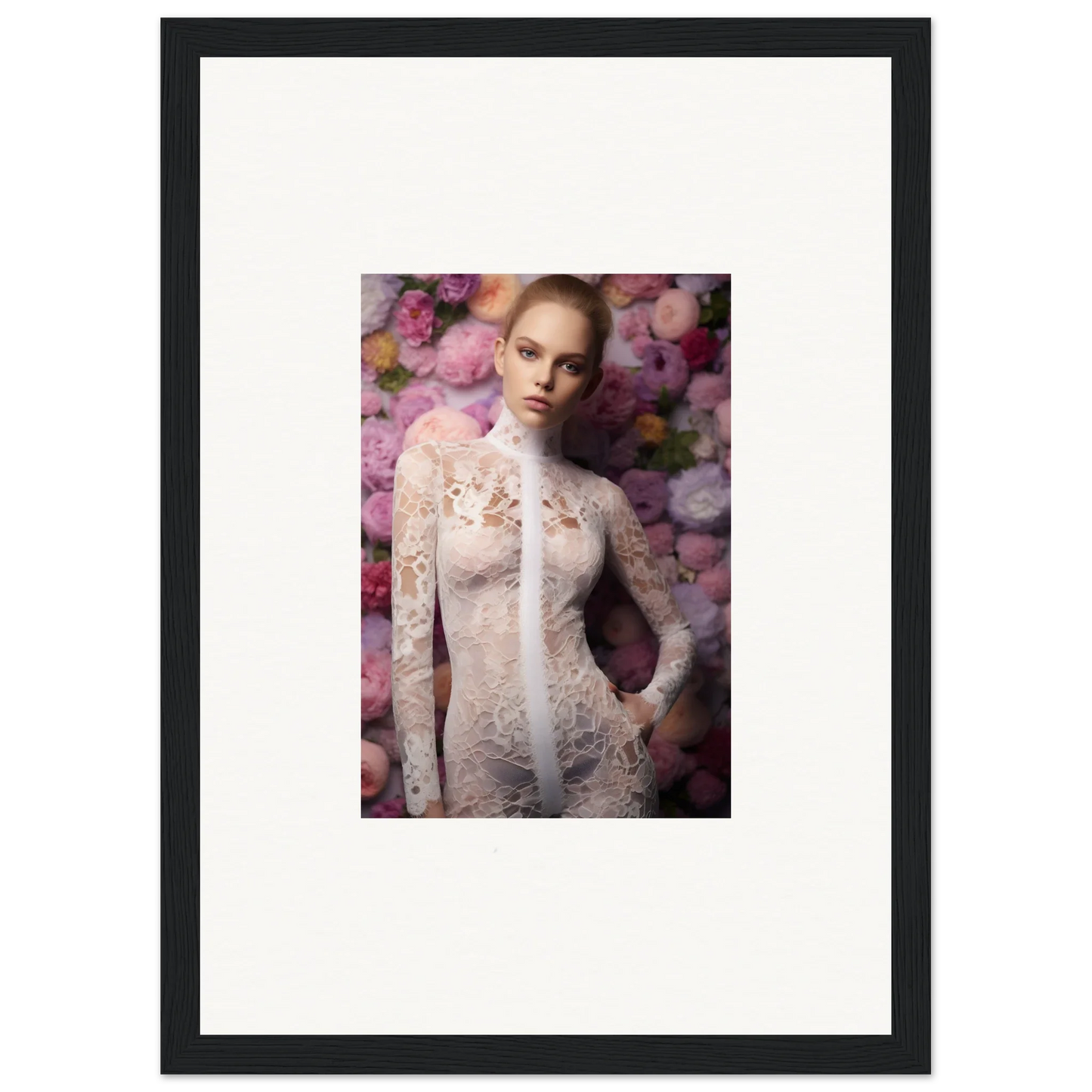 Framed portrait of a woman wearing a delicate lace dress against a floral backdrop.