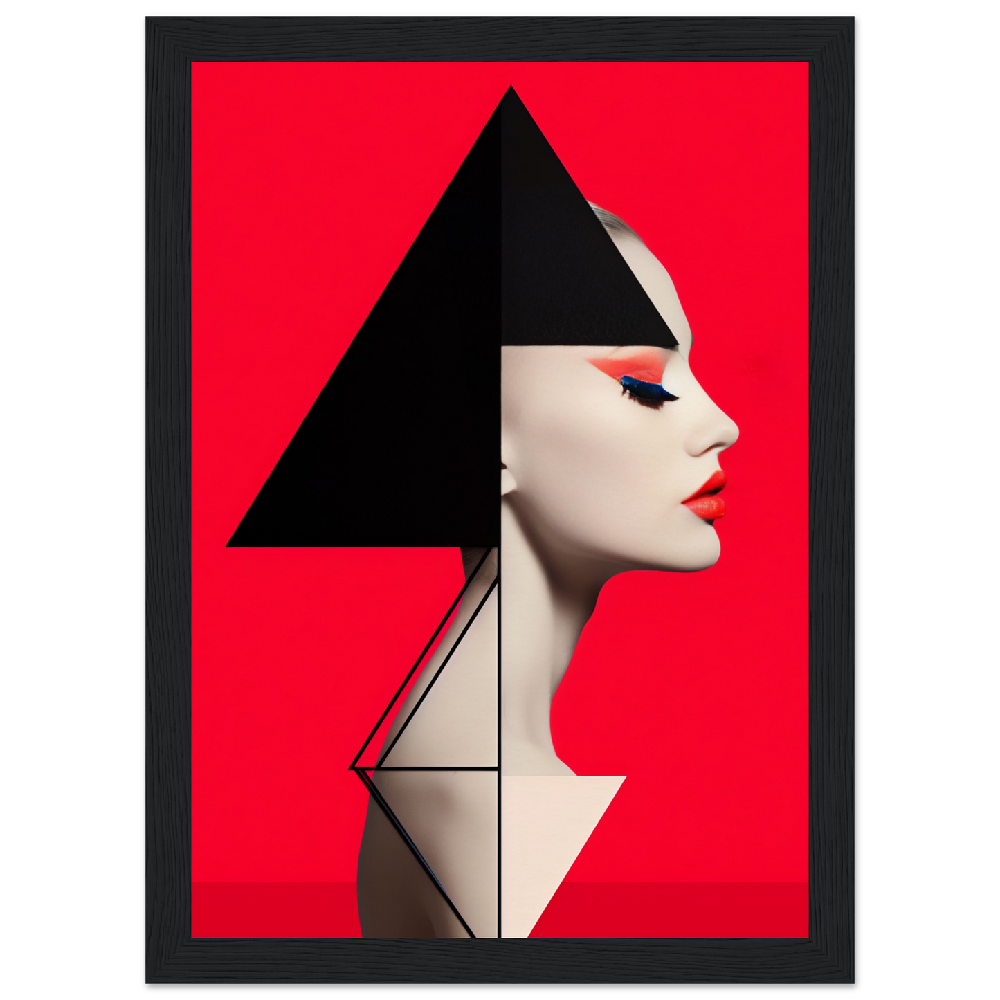 Profile portrait of a woman with geometric shapes incorporated into her silhouette against a vibrant red background.