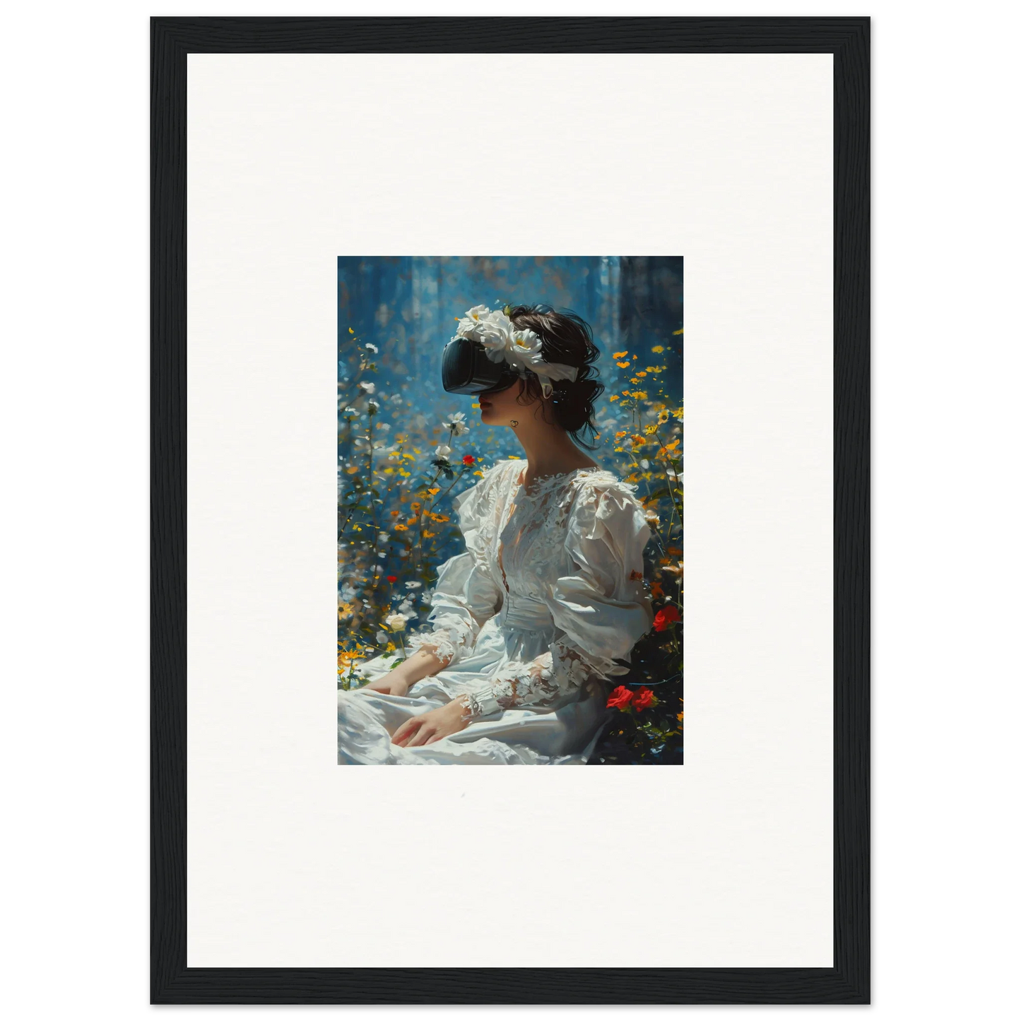 Framed canvas print of a woman in a white dress among flowers for bloom reverie decor