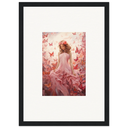 Framed canvas print of a woman in a pink dress with butterflies for autumn lattice room decoration