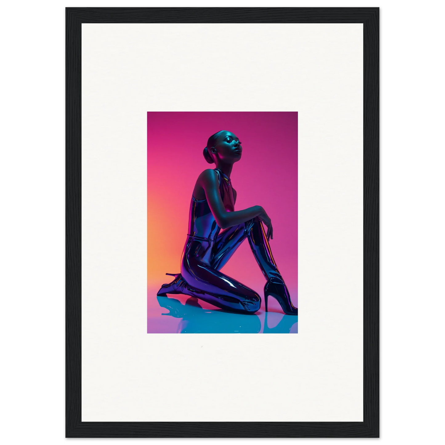 Silhouette of a metallic kneeling figure in Neon Vortex canvas print for room decoration