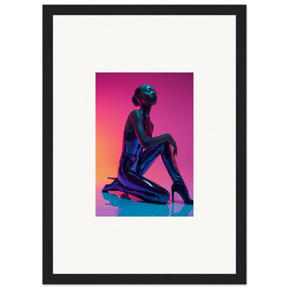 Silhouette of a metallic kneeling figure in Neon Vortex canvas print for room decoration