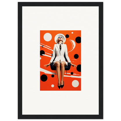 Stylized woman in white outfit on orange polka-dot background, perfect for room decoration