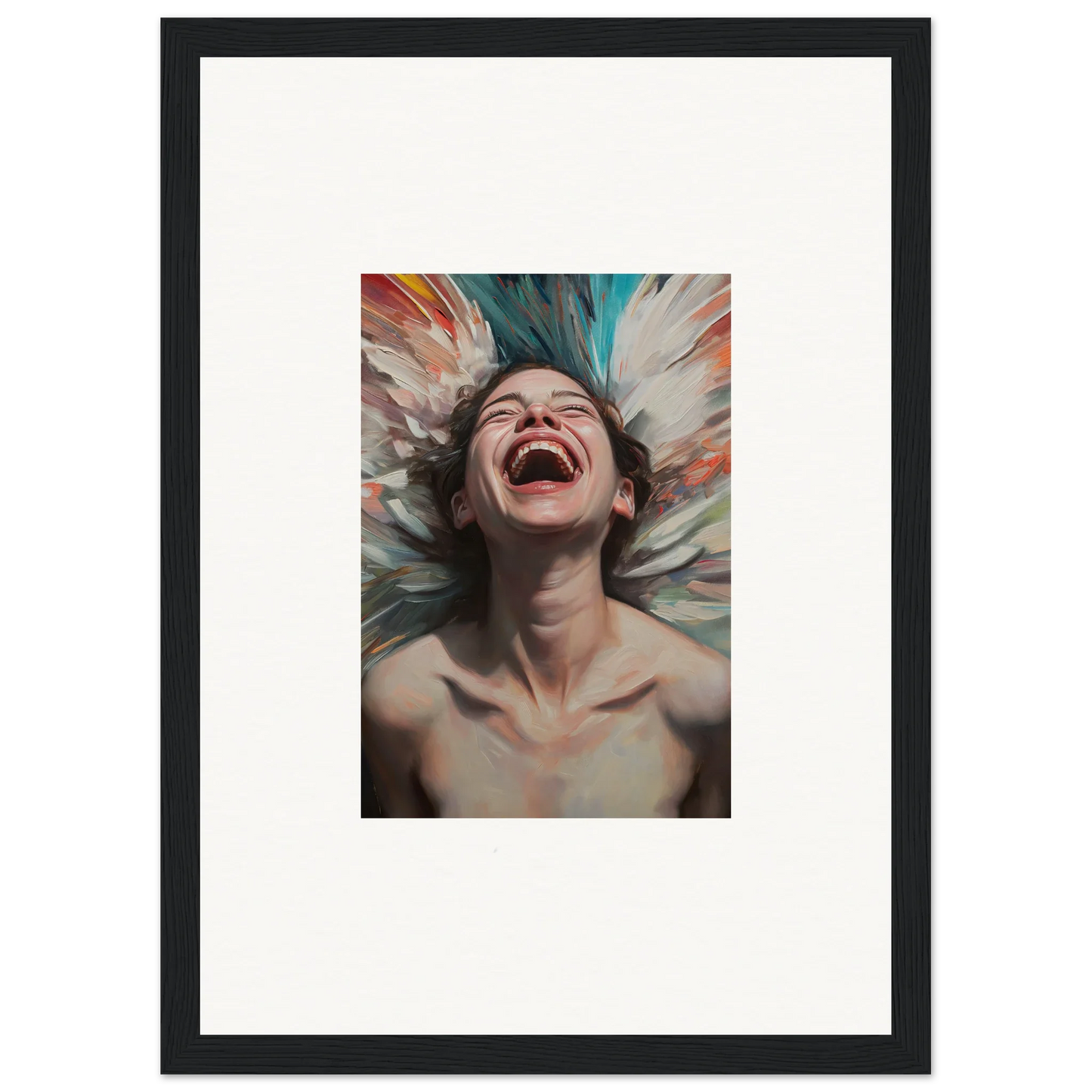 Joyful person laughing in a framed canvas print for vibrant room decoration and aura bloom