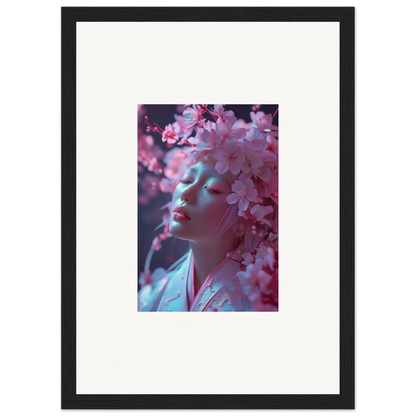 Framed canvas print of a shadowy profile with pink Sakura Dreams blossoms for room decoration