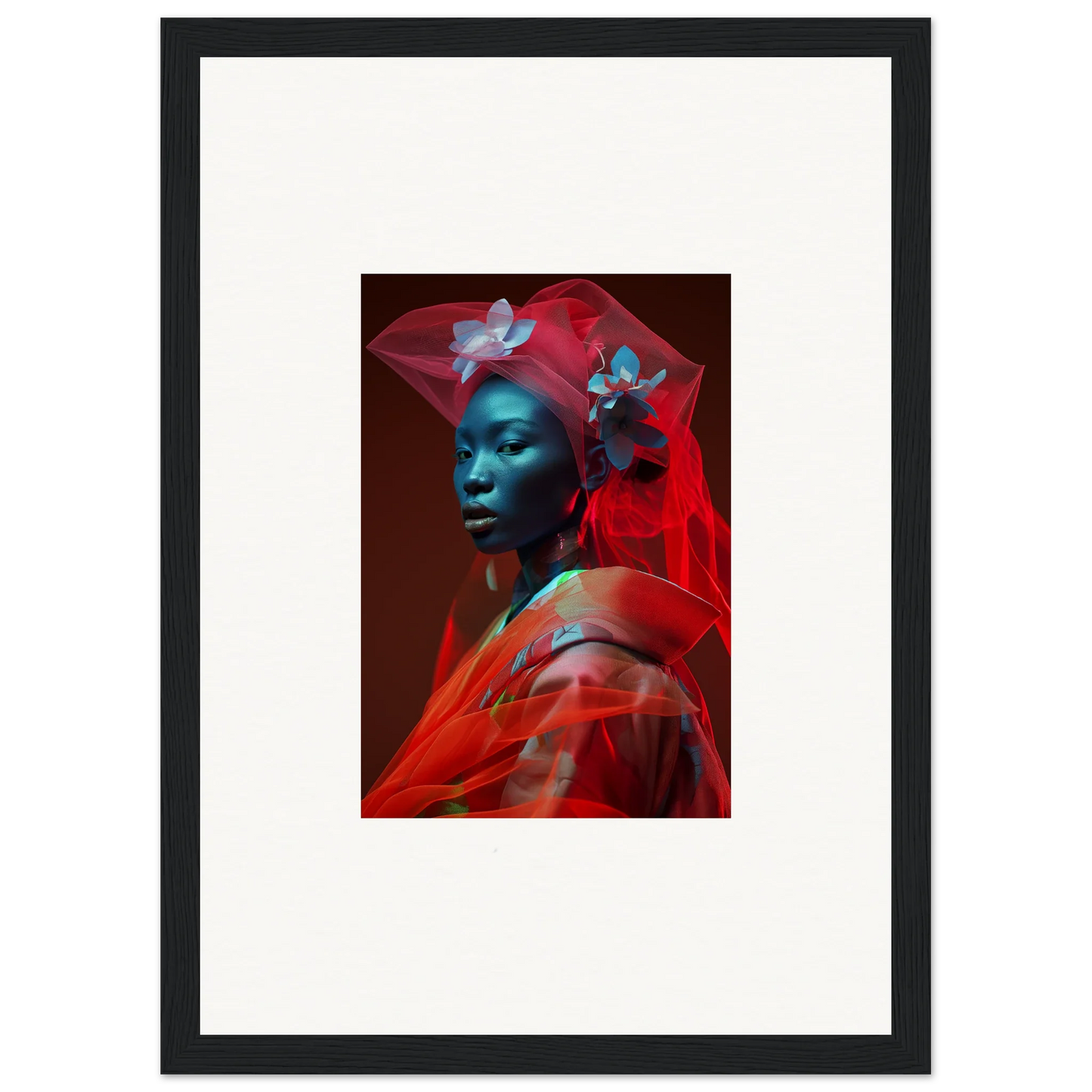 Framed canvas print of a blue-skinned person for unique room decoration with velvet botanicals