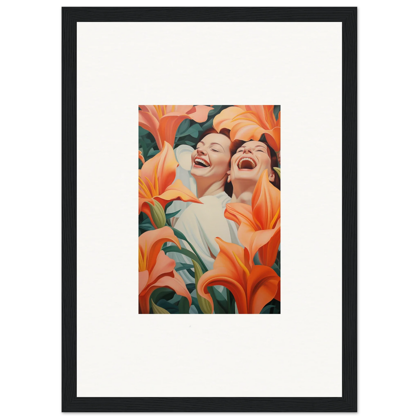 Framed canvas print of two laughing figures with vibrant orange lilies for room decoration