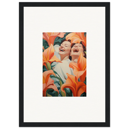 Framed canvas print of two laughing figures with vibrant orange lilies for room decoration