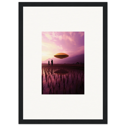 UFO hovering over flooded field at sunset for a violet dreaming canvas print decor