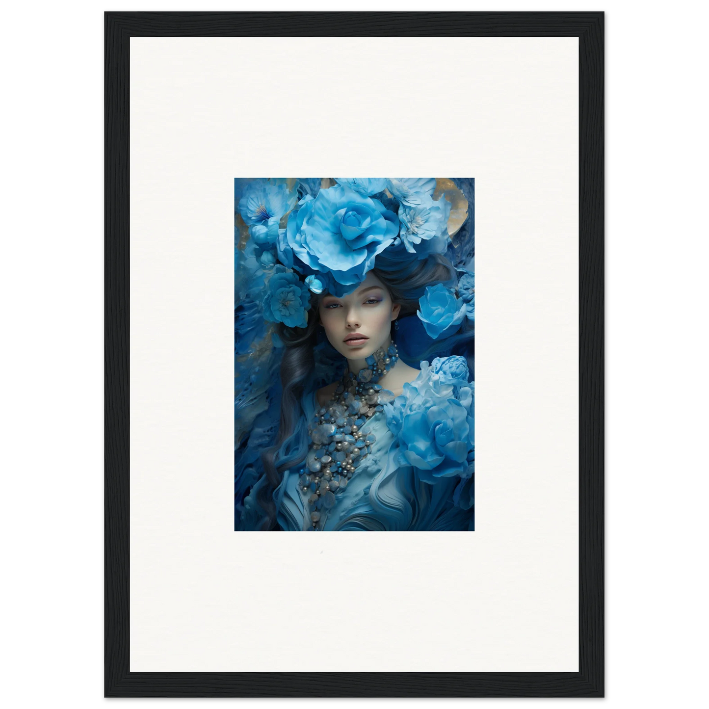 Framed canvas print of Dreaming Blue Symphony with a figure and blue flowers for room decoration