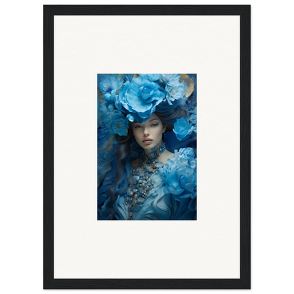 Framed canvas print of Dreaming Blue Symphony with a figure and blue flowers for room decoration