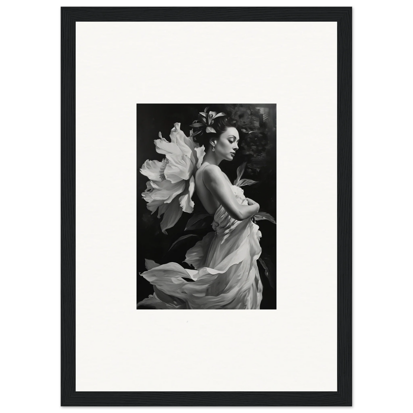 Black and white canvas print of a woman with flowing fabric for chic room decoration