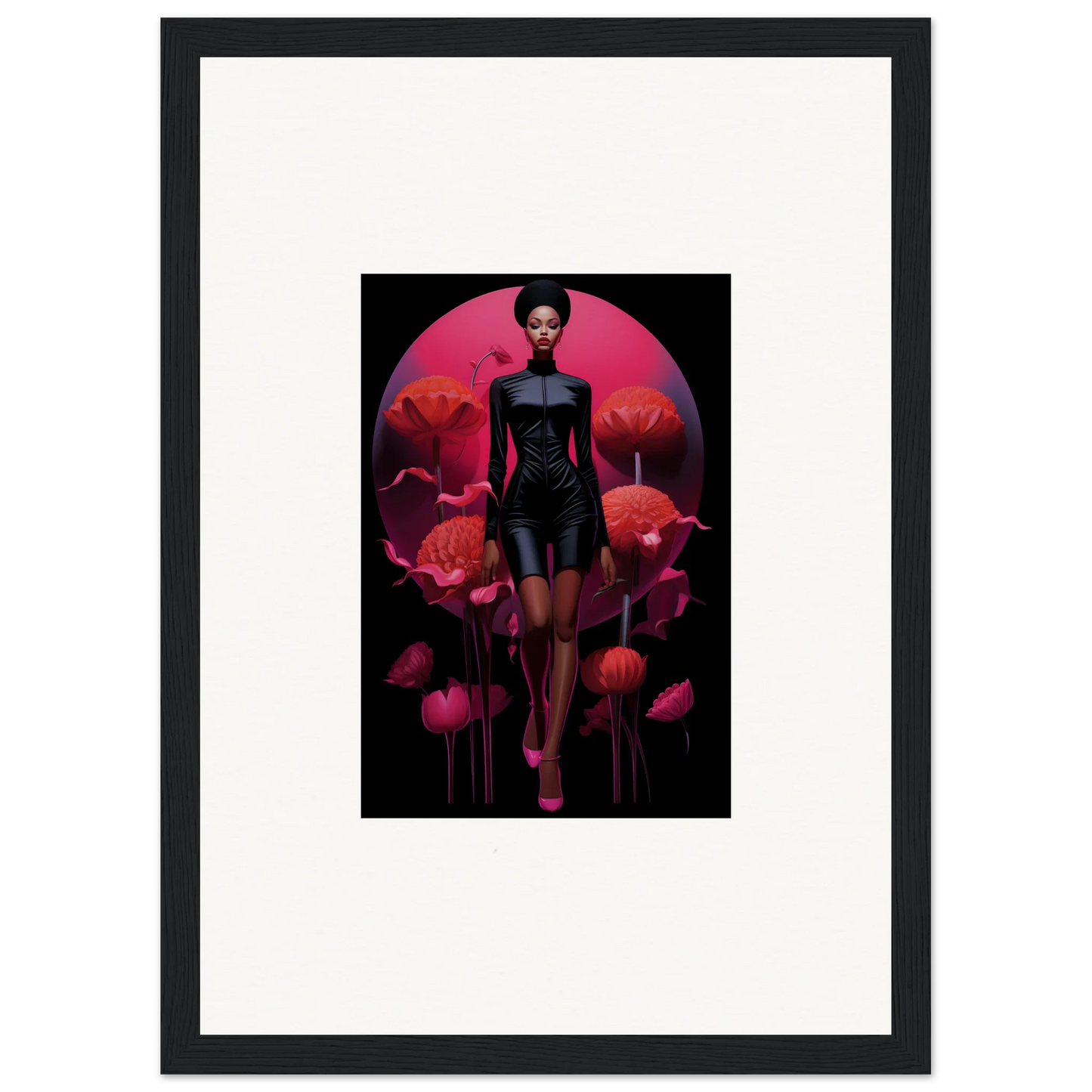 Framed canvas print of a stylized female figure with red mushrooms for tribal reverie room decoration