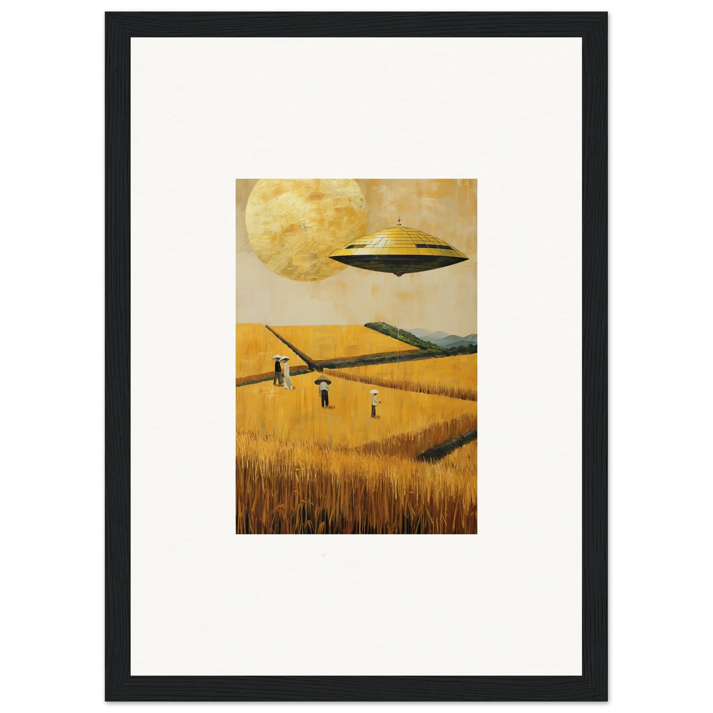 Framed canvas print of a UFO hovering over a melancholy field for unique room decoration