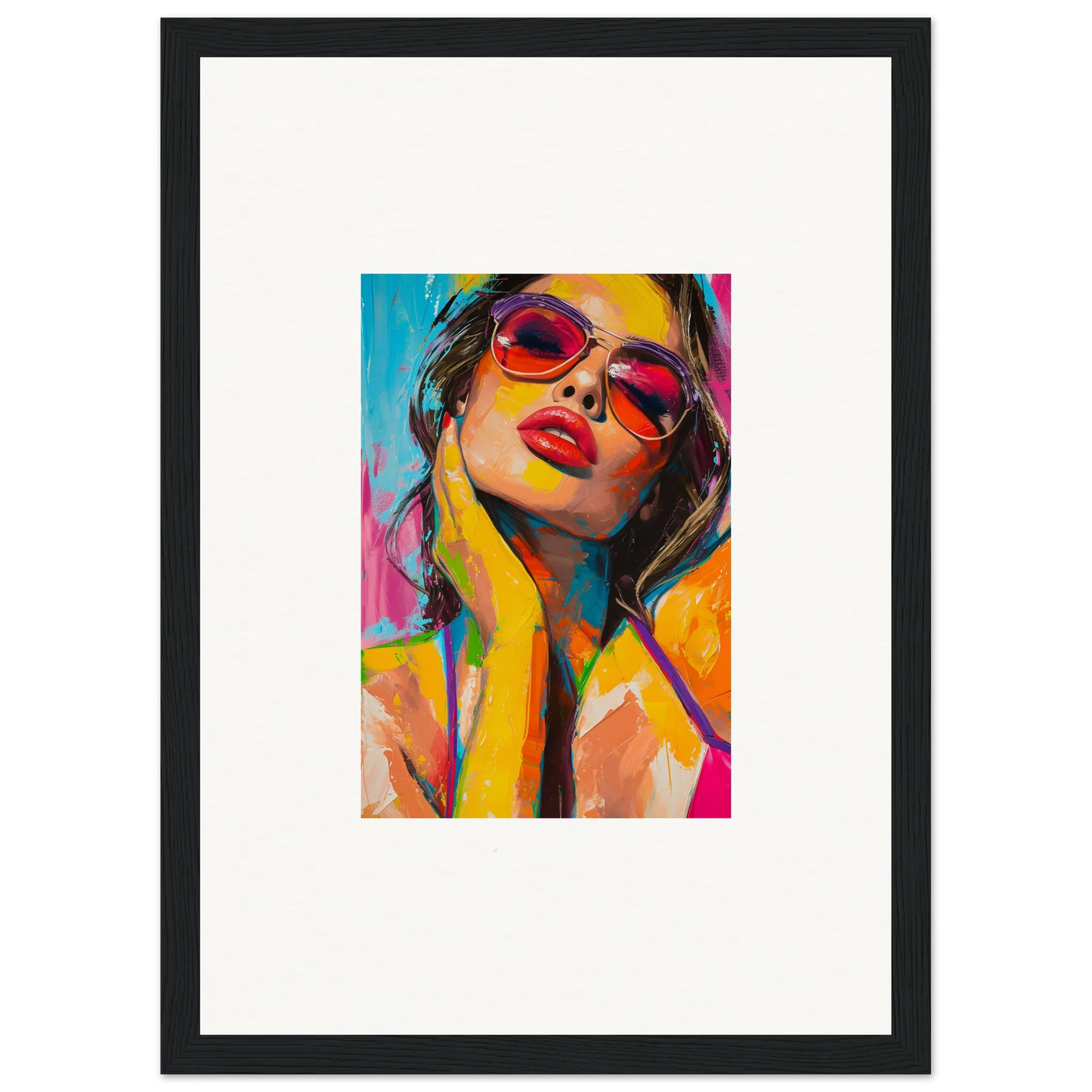 Colorful canvas print of a woman in red sunglasses for room decoration with Mind Prism vibes